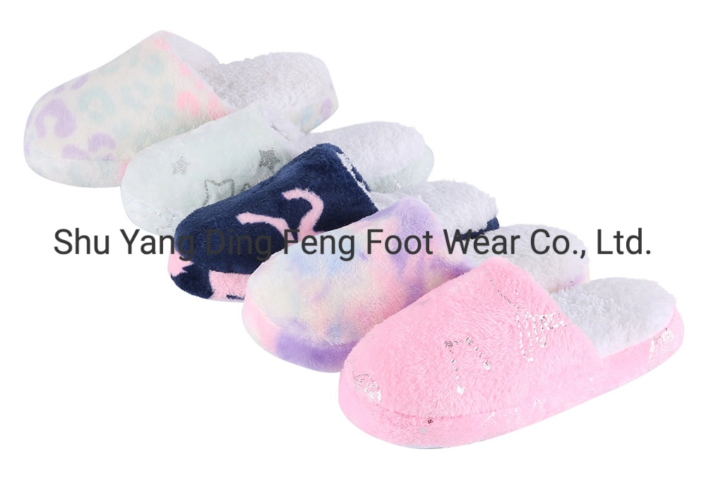 Autumn and Winter Household Children′s Flannel Color Gilding Printing Slippers Mute Wooden Floor Anti Slip Soft Sole